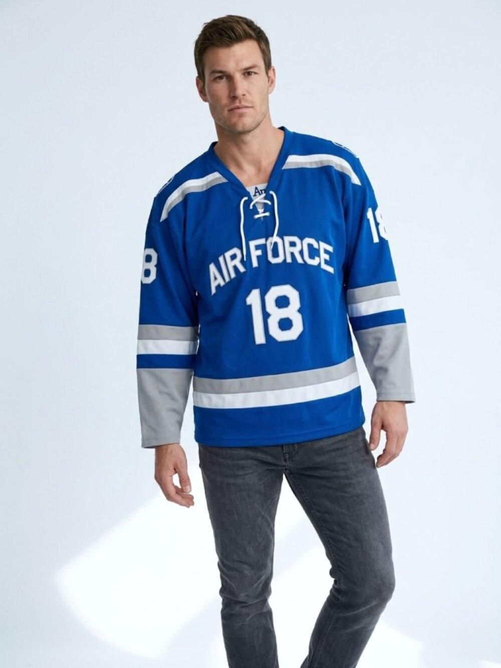 Air Force Hockey Jersey #18 Blue Long Sleeve Lace-Up Vintage Style - L